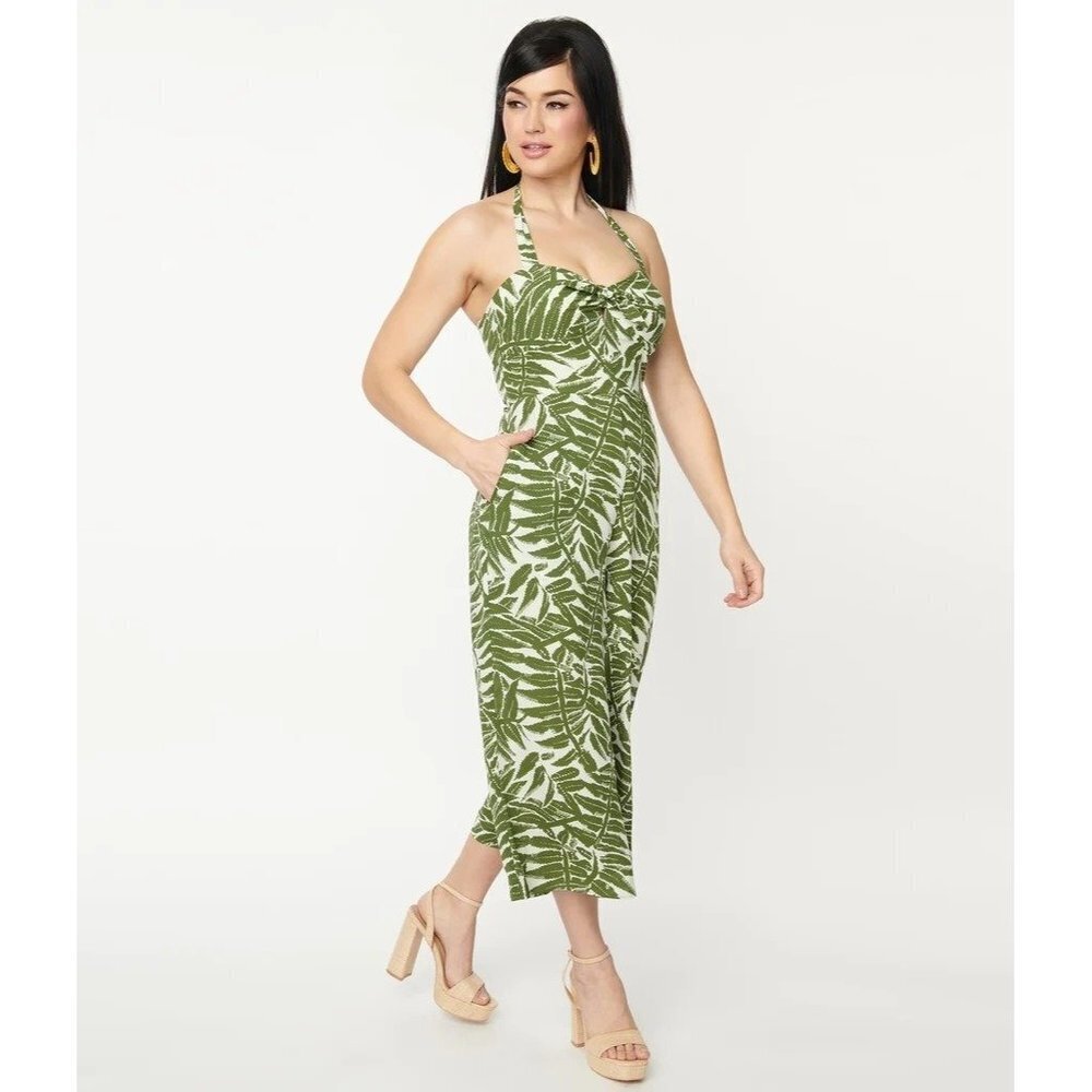 NWT Unique Vintage Green Tropical Print Halter Jumpsuit 4 - Picture 4 of 16